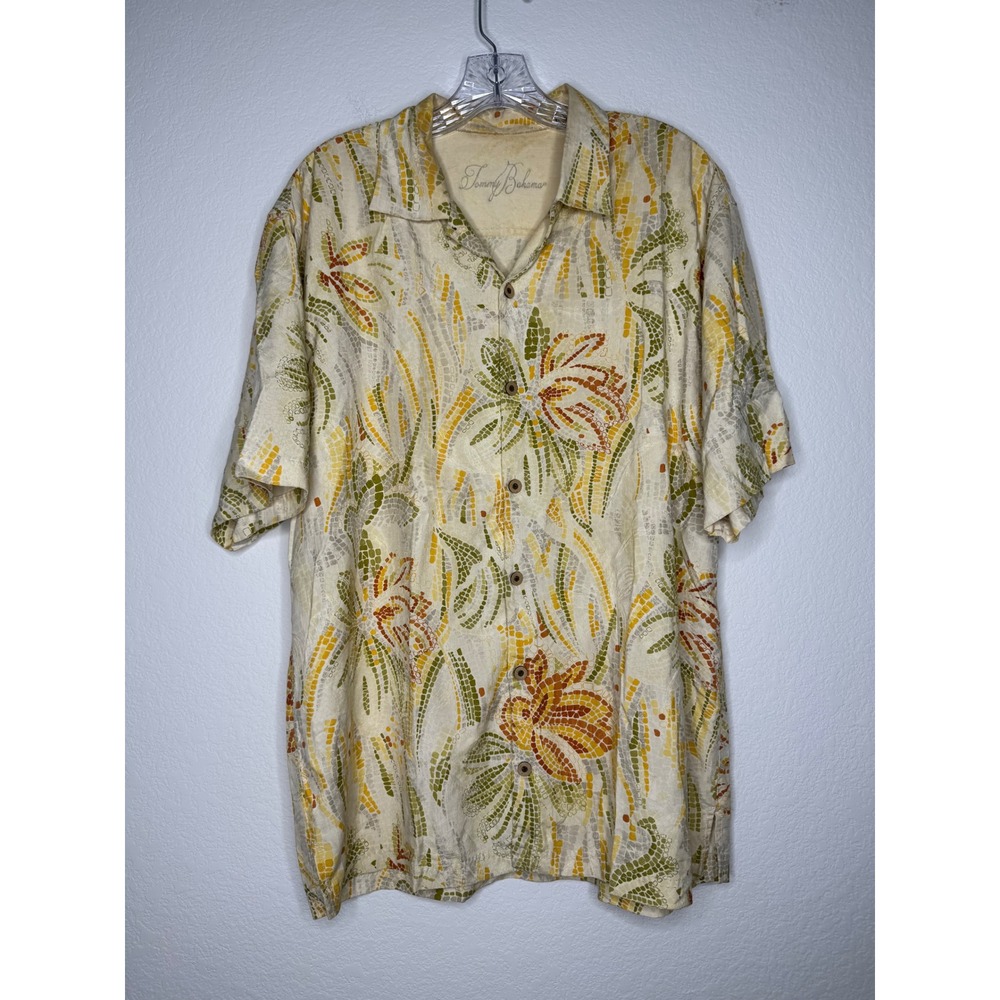 Tommy Bahama Mens Large Silk Camp Shirt Mosaic Floral Print Yellow Green RN86549